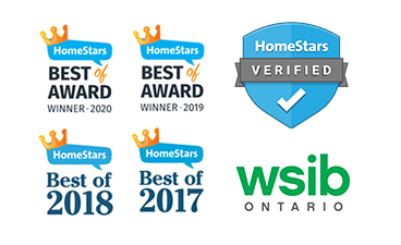 white background image showing four homestars best award logos for years 2017, 2018, 2019, 2020, a homestars verified batch and a wsib badge for fgs tile and grout - fajardo's general services