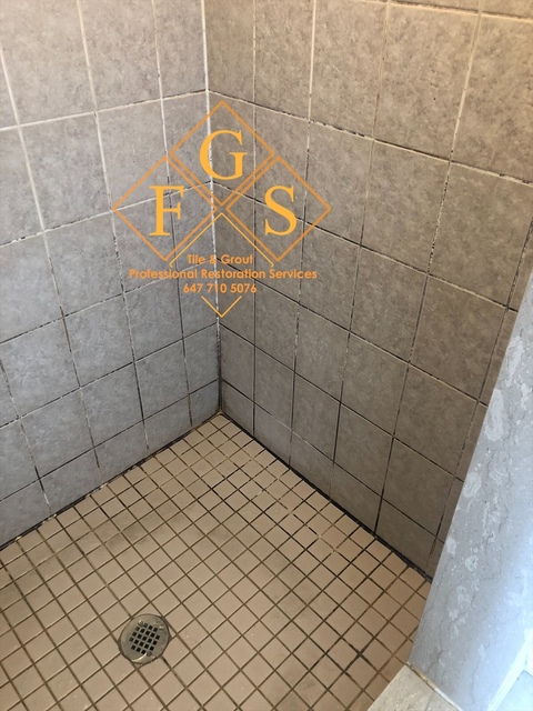 Picture of the old shower full of mold, and old grout.