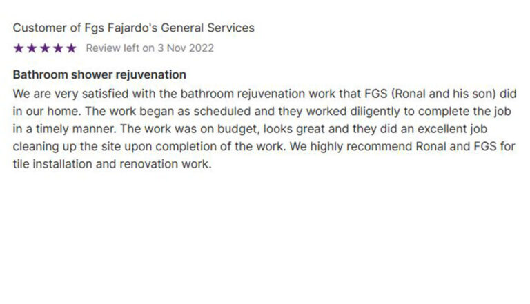 Screenshot of a 5-star Google review for FGS Tile and Grout (Fajardo's General Services), dated November 3, 2022. The customer writes: “We are very satisfied with the bathroom rejuvenation work that FGS (Ronal and his son) did in our home. The work began as scheduled and they worked diligently to complete the job in a timely manner. The work was on budget, looks great, and they did an excellent job cleaning up the site upon completion of the work. We highly recommend Ronal and FGS for tile installation and renovation work.” The bottom banner includes the FGS logo, the service areas “Toronto – GTA” and “Durham Region,” and the contact info: 647-710-5076 – fgstileandgrout.ca.