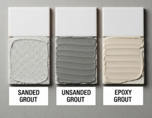 A top-down view of three types of grout samples on white tiles: "SANDED GROUT" with a textured, sandy appearance, "UNSANDED GROUT" with a smooth, grey finish, and "EPOXY GROUT" with a creamy, light beige texture. This image helps Toronto homeowners understand different grout options.