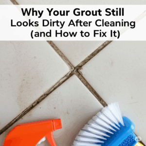 Dirty grout lines between white tiles with a cleaning brush and spray bottle — Why your grout still looks dirty after cleaning — FGS Tile & Grout serving Toronto, Markham, Vaughan, Richmond Hill, Ajax, and Whitby.