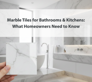 Modern bathroom with marble tile walls and vanity, featuring a Carrara marble tile sample held in hand, showcasing marble tile design and maintenance options for Toronto and North York homeowners.