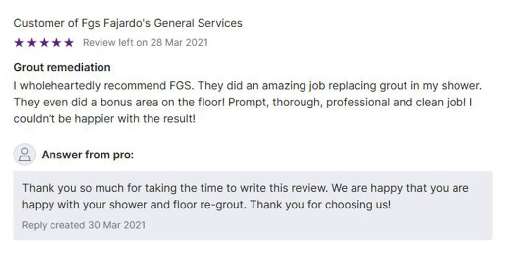 Five-star customer review for FGS Tile and Grout featuring shower grout replacement and floor re-grouting in Forest Hill South, Toronto. Review highlights prompt, professional, and clean workmanship.