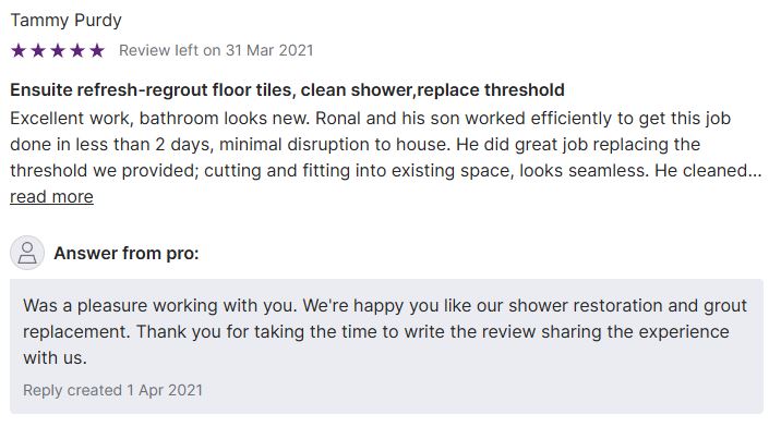 Five-star customer review for FGS Tile and Grout highlighting ensuite bathroom restoration in Whitby, Ontario, including floor tile re-grouting, professional shower cleaning, and seamless threshold replacement completed with minimal disruption.