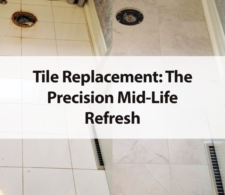 Precision tile replacement in a Toronto bathroom, showcasing FGS Tile & Grout’s expertise in refreshing worn flooring, showers, backsplashes with durable, high-quality finishes.